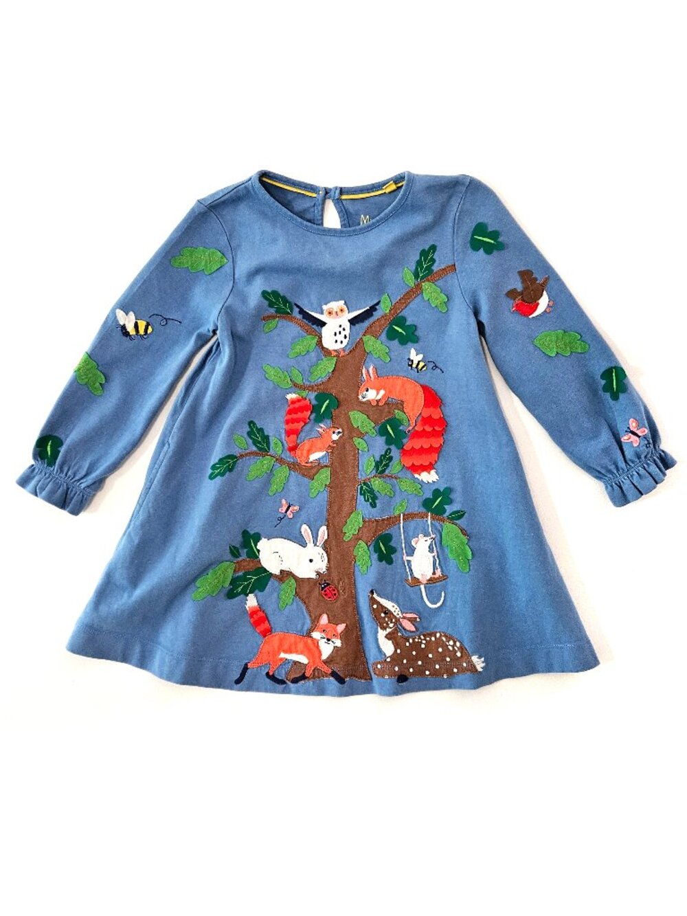 Mini Boden Appliqué Jersey Dress Blue Cotton Long Sleeve Woodland Animals 3-4Y